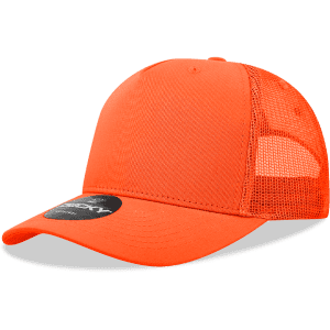A bright orange 5 Panel Mid Profile Structured Trucker cap with a mesh back and a circular logo on the front.