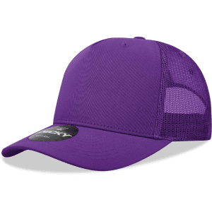 A purple 5 panel mid profile structured trucker cap with a mesh back and a logo on the front.