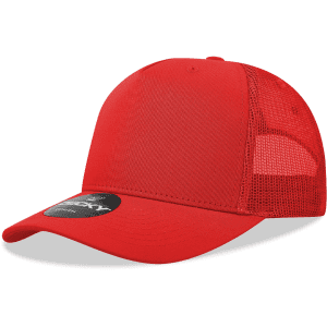 A red 5-panel mid-profile structured trucker cap with a mesh back and a branded label.