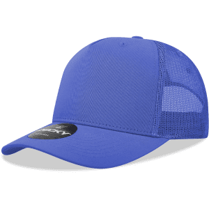 A blue 5 panel mid profile structured trucker cap featuring a mesh back and a branded tag on the front.