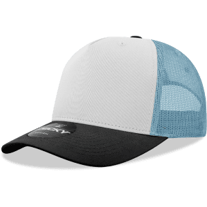 A structured trucker cap featuring a white front, black brim, and light blue mesh sides, complete with a logo.