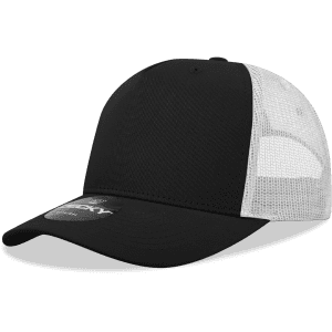 A black five-panel mid-profile structured trucker cap with a mesh back and a logo on the front.