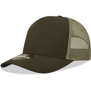A brown 5 panel mid-profile structured trucker cap with mesh sides and a circular branding logo on the front.