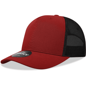 A red 5 panel mid profile structured trucker cap with a black mesh back and a circular logo on the front.