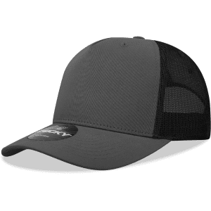 A grey 5-panel mid-profile structured trucker cap with a black mesh back and a circular logo.
