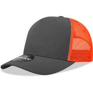 A grey and orange 5 Panel Mid Profile Structured Trucker cap with a mesh back and a logo.