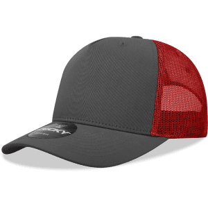 A grey cap with a red mesh back, featuring a structured five-panel design and a logo on the front.