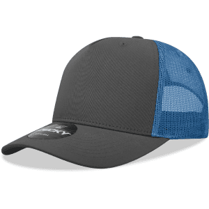 A grey and blue 5 Panel Mid Profile Structured Trucker cap with a mesh back and a logo.