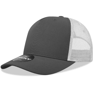 A grey trucker cap with a structured mid-profile design and mesh side panels, featuring a branding logo.