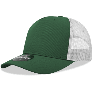 A green 5 panel mid profile structured trucker cap with a white mesh back and a logo on the front.