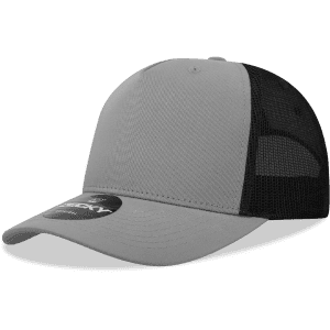 A grey 5 panel mid-profile structured trucker cap with a black mesh backing and a logo on the front.