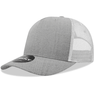 A grey 5 Panel Mid Profile Structured Trucker cap with a mesh back and a branded patch.