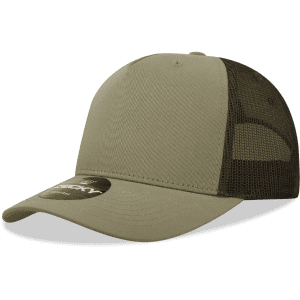 A khaki 5-panel mid-profile structured trucker cap with a mesh back and a logo on the front.