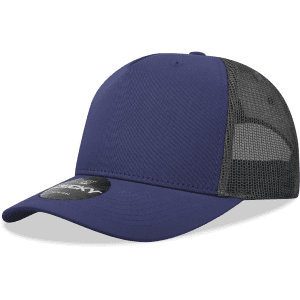 A navy blue 5 panel mid profile structured trucker hat with a black mesh back and a logo on the front.