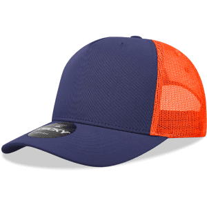 A navy blue trucker cap with an orange mesh back and a circular logo on the front.