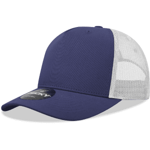 A navy blue trucker cap with a structured front and mesh side panels, featuring a logo on the front.