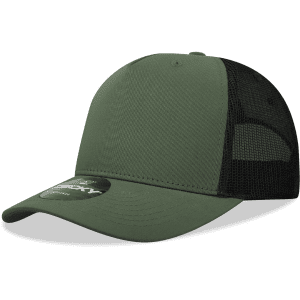 A green 5 Panel Mid Profile Structured Trucker cap with a mesh back and a branded tag.