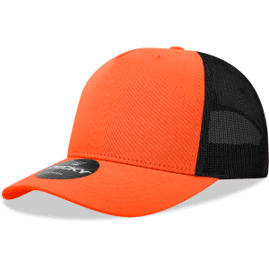 A bright orange and black structured trucker cap with a mesh back and a logo on the front.