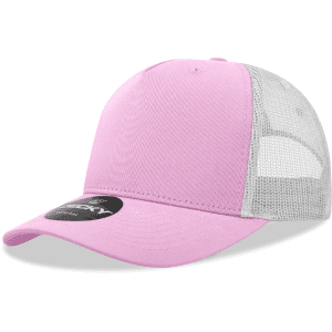 A pink mid-profile structured trucker cap with a mesh back and a logo on the front.