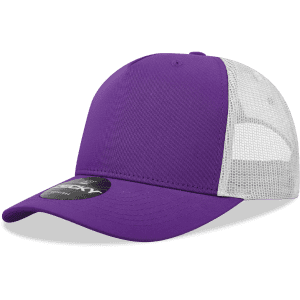 A purple and white 5 Panel Mid Profile Structured Trucker cap with a mesh back and a logo on the front.