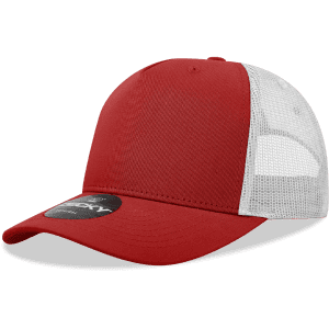 A red 5-panel mid-profile structured trucker cap with a white mesh back and a logo.