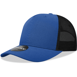 A blue 5 Panel Mid Profile Structured Trucker cap with a black mesh back and a circular logo.