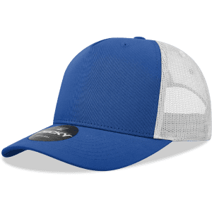 A blue and white 5 Panel Mid Profile Structured Trucker cap with a mesh back and a logo.