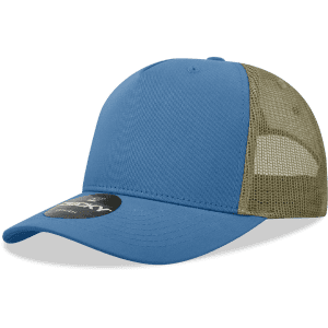 A structured trucker cap featuring a blue front and khaki mesh panels, with a logo on the side.