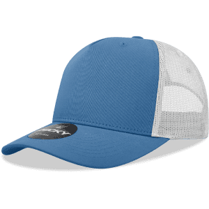 A blue 5 panel mid-profile structured trucker cap with a white mesh back and a circular logo on the front.
