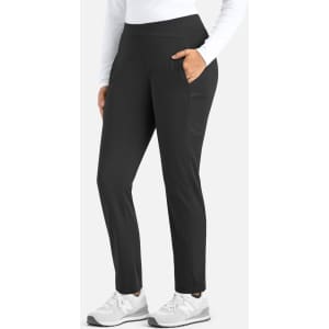 A pair of women's mid-rise tapered pants in black, featuring side pockets and a fitted style.