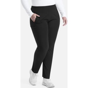 Mid-rise tapered pant in black, featuring side pockets and a sleek, fitted design. Includes a logo on the waistband.