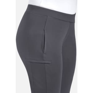 Mid-rise tapered pants in dark grey with side pockets and a fitted silhouette. Features a logo on the waistband.