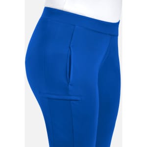 A pair of women's mid-rise tapered pants in vibrant blue with a side pocket. Features a smooth, fitted design.