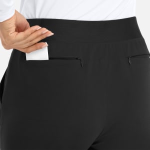 A black mid-rise jogger with an elastic waistband and a small pocket at the back.