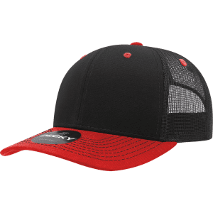 A structured trucker cap in black and red with a mesh back and a branded logo.