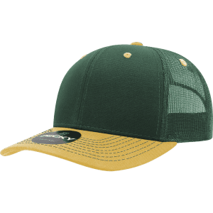 A green and yellow 6-panel mid-profile structured trucker cap with a mesh back and a logo.
