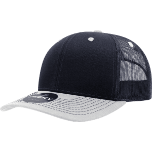 A navy blue and grey trucker cap with structured panels and a mesh back, featuring a logo.
