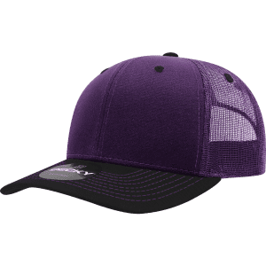 A purple and black structured trucker cap with a mesh back and a logo on the front.