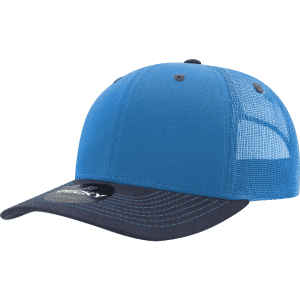 A blue and navy structured trucker cap with a mesh back and a logo on the front.