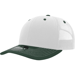 A structured trucker cap featuring a white front and a green visor, with mesh sides and a logo.