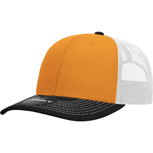 A structured trucker cap featuring a mid-profile design, in orange, black, and white with a branding logo.