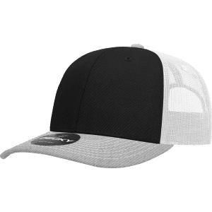 A black and grey 6-panel mid-profile structured trucker cap with a mesh back and a logo.
