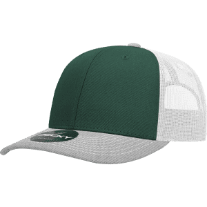 A green and grey 6-panel mid-profile structured trucker cap with a mesh back and a logo on the side.
