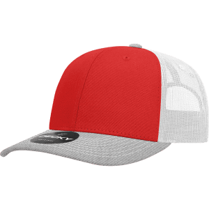 A red and grey trucker cap with a structured six-panel design and a logo on the front.