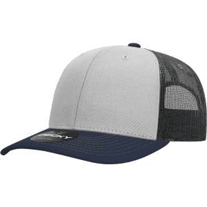 A grey and navy trucker cap featuring a structured mid-profile design and mesh back, with a logo on the front.