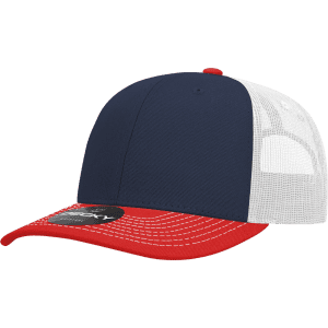 A navy blue and red trucker cap with a structured design and a mesh back. It features a logo on the front.