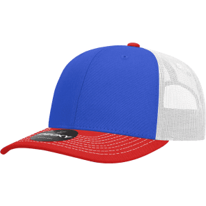 A blue and red trucker cap with a structured mid-profile design and mesh back, featuring a logo.