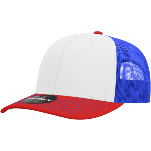 A structured trucker cap featuring a white front, red brim, and blue mesh sides. Includes a logo on the side.