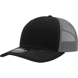 A black trucker cap with a mid-profile design, featuring a structured front and grey mesh back.