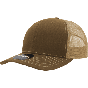 A brown trucker cap with a structured mid-profile design and a mesh back, featuring a stitched brim.